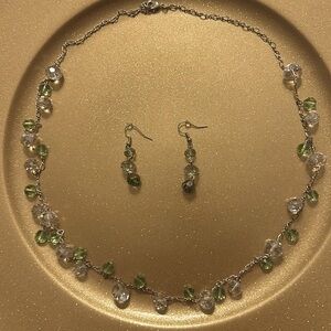 Elegant Set of Green & Clear Crystal Beads on Silver Chain; Matching Earrings